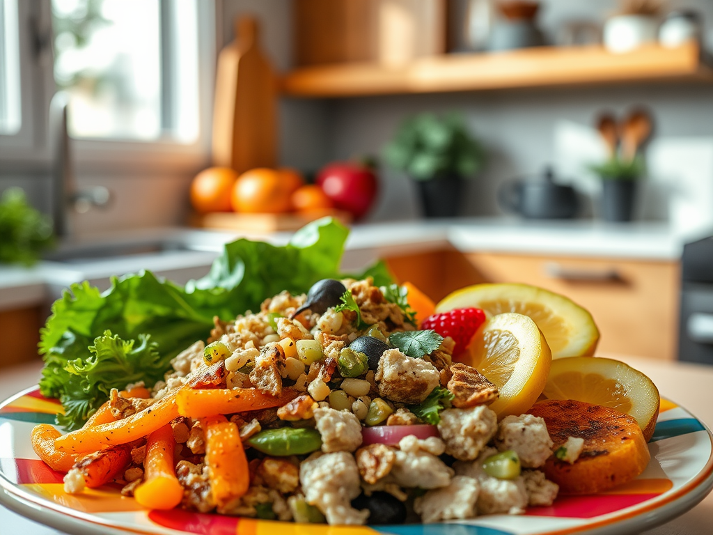 На тарелке салат с курицей, овощами и фруктами на фоне светлой кухни. Живописное и аппетитное блюдо.