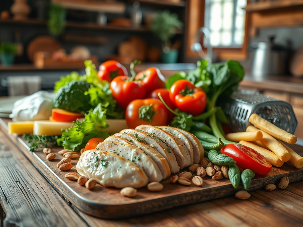 На деревянной доске нарезанная курица, овощи, зелень, орехи и сыр на фоне кухни.